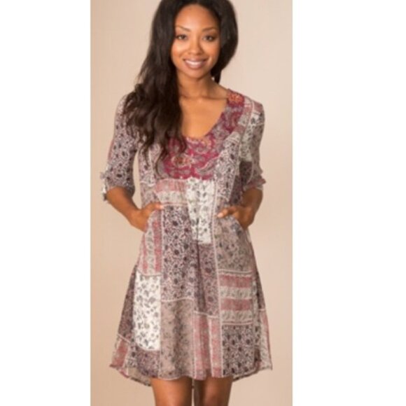 Simply Noelle Sheer Paisley + Patchwork Boho Dress with 3/4 sleeves + Pockets - Picture 11 of 11